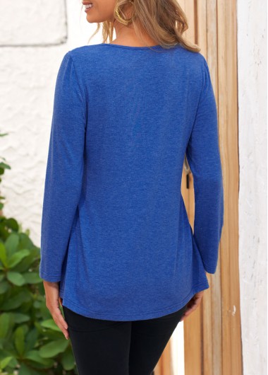 Royal Blue tops,Plain Color tops,ROTITA Long Sleeve Royal Blue Lace Stitching T Shirt