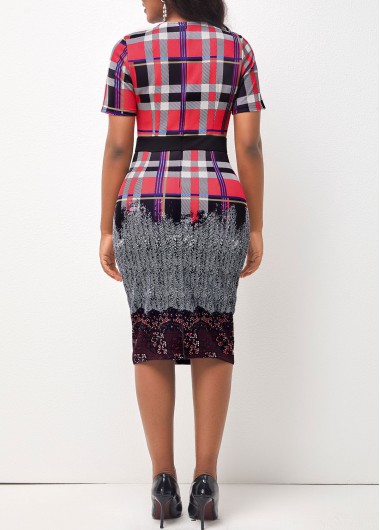Multi Color dresses,Plaid dresses,ROTITA Multi Color Short Sleeve Round Neck Plaid Dress