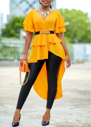 Ginger tops,Plain Color tops,ROTITA Ginger V Neck Dip Hem Short Sleeve Belted Blouse