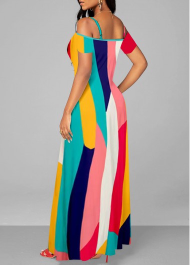 Multi Color dresses,Rainbow Color dresses,Geometric dresses,Vacation dresses,Vacation dresses,ROTITA Strappy Cold Shoulder Contrast Double Side Pockets Dress