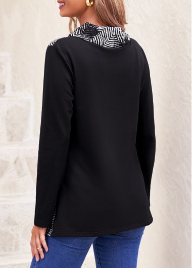 Black tops,Chevron tops,ROTITA Decorative Button Chevron Print Black Cowl Neck Sweatshirt