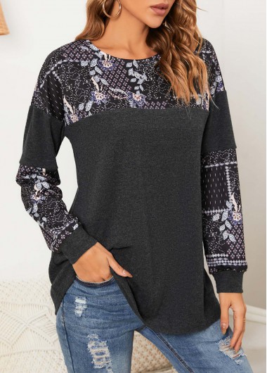Dark Grey Marl tops,Tribal tops,ROTITA Tribal Print Dark Grey Marl Long Sleeve T Shirt