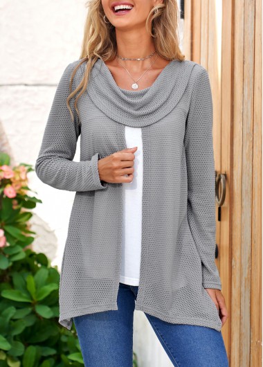Grey tops,Plain Color tops,ROTITA Cowl Neck Contrast Grey Faux Two Piece Sweatshirt