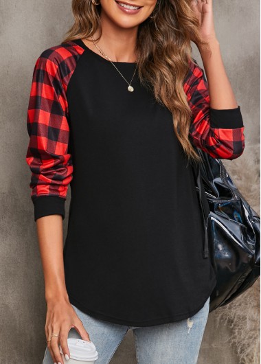Black tops,Plaid tops,Tartan Print Round Neck Black T Shirt