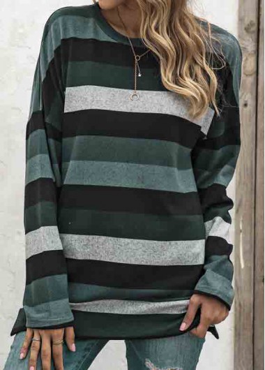 Blackish Green tops,Striped tops,Round Neck Striped Blackish Green T Shirt