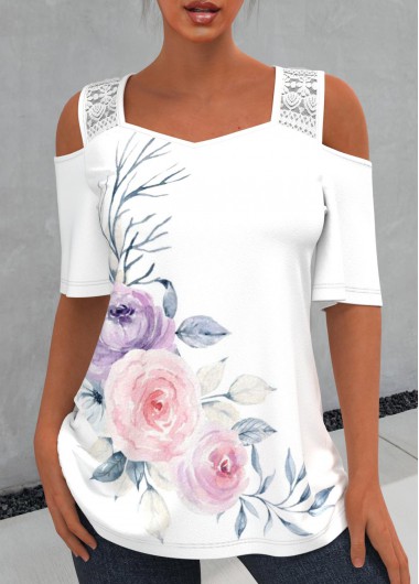 White tops,Floral tops,ROTITA Floral Print Lace Stitching Cold Shoulder T Shirt