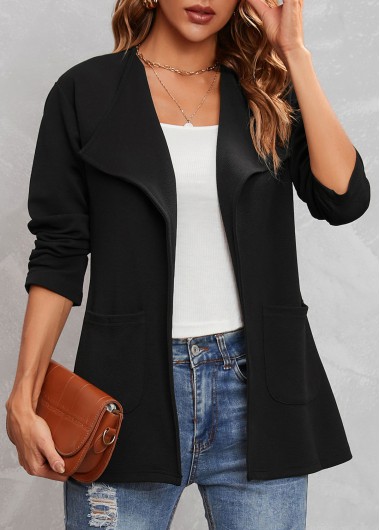 Black outerwear & coats,Plain Color outerwear & coats,Turndown Collar Black Pocket Long Sleeve Coat