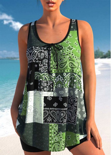 Blackish Green swimwear,Paisley swimwear,ROTITA Bowknot Paisley Print Blackish Green Tankini Top
