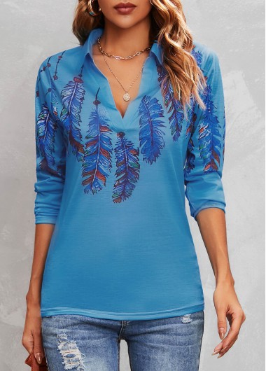 Blue tops,Tribal tops,Feathers Print Blue Turn Down Collar T Shirt