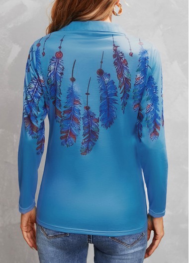 Blue tops,Tribal tops,Feathers Print Blue Turn Down Collar T Shirt