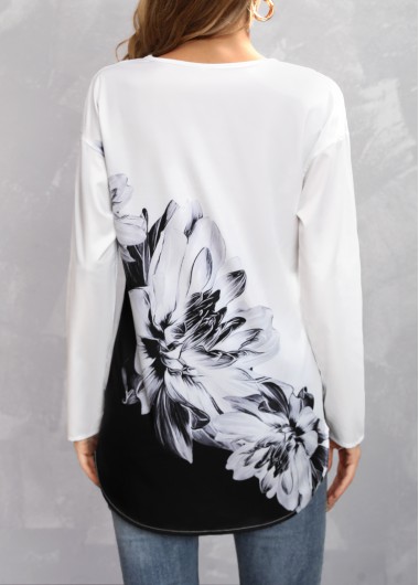 Black tops,Floral tops,Long Sleeve Black Floral Print Blouse