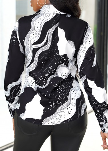 White tops,Galaxy tops,Galaxy Print White Shirt Collar Long Sleeve Blouse