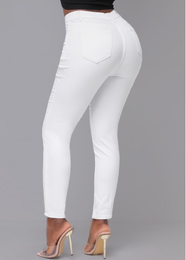 White bottoms,Plain Color bottoms,High Waisted White Skinny Zipper Fly Pants
