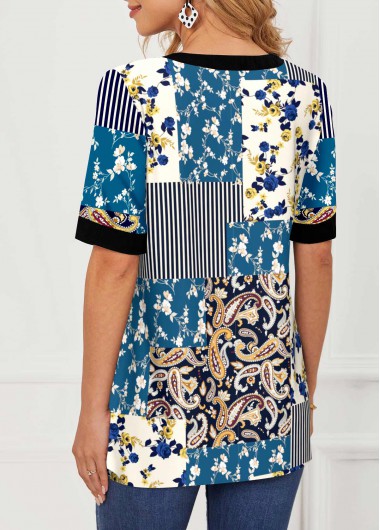 Multi Color tops,Tribal tops,ROTITA Split Neck Paisley Print Short Sleeve Blouse