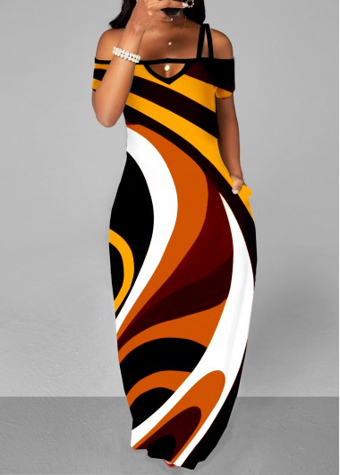 Multi Color dresses,Geometric dresses,ROTITA Double Side Pockets Strappy Cold Shoulder Dress