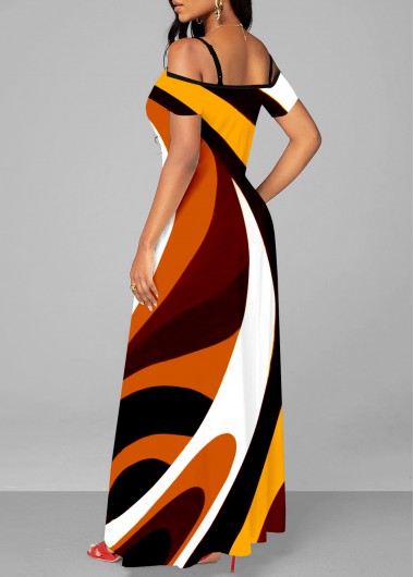 Multi Color dresses,Geometric dresses,ROTITA Double Side Pockets Strappy Cold Shoulder Dress