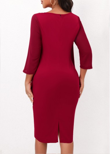 Wine Red dresses,Plain Color dresses,ROTITA Wine Red 3/4 Sleeve Round Neck Dress