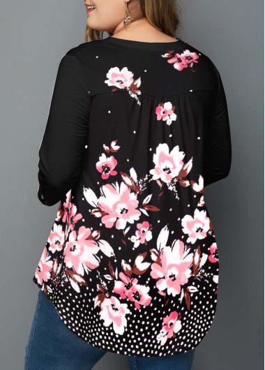 Black plus size,Floral plus size,ROTITA Floral Print Plus Size Black Split Neck Blouse