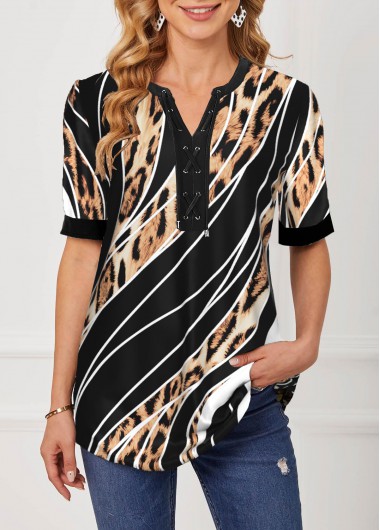 Black tops,Leopard tops,ROTITA Leopard Black Striped Lace Up Blouse