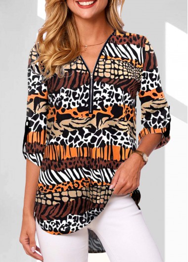 Multi Color tops,Animal Print tops,Leopard tops,ROTITA Zipper Animal Print Multi Color V Neck Blouse