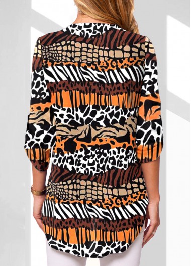 Multi Color tops,Animal Print tops,Leopard tops,ROTITA Zipper Animal Print Multi Color V Neck Blouse