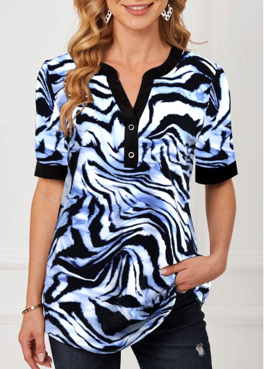 Black tops,Animal Print tops,ROTITA Black Zebra Print Split Neck Blouse