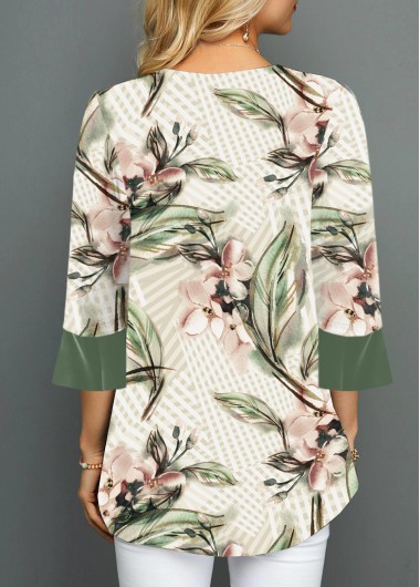 Multi Color tops,Floral tops,ROTITA 3/4 Sleeve Floral Print Faux Two Piece Blouse