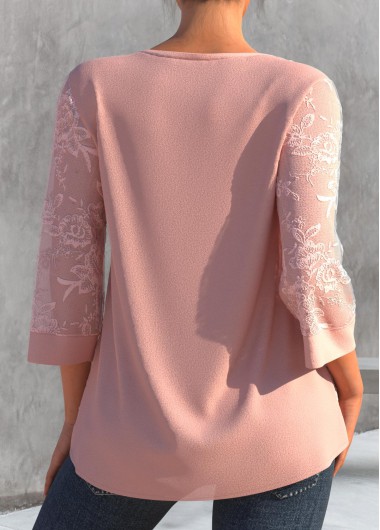 Light Pink tops,Plain Color tops,ROTITA Lace Stitching Light Pink Faux Two Piece Blouse