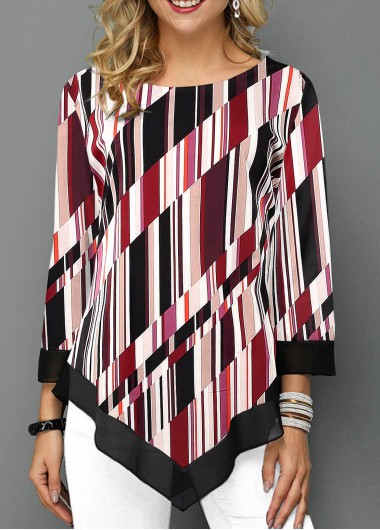 Multi Color tops,Geometric tops,ROTITA Asymmetric Hem 3/4 Sleeve Striped Blouse