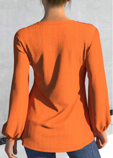 Orange tops,Plain Color tops,ROTITA Orange Split Neck Long Sleeve Blouse
