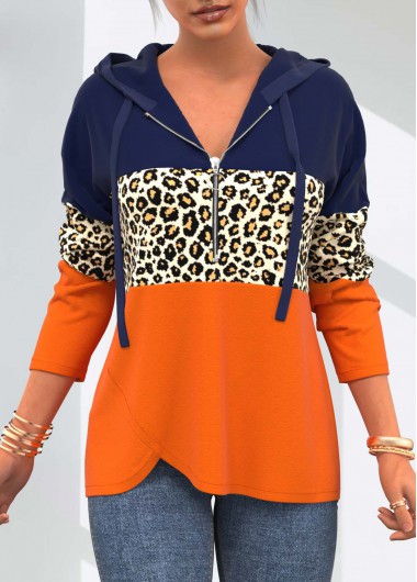 Orange tops,Leopard tops,ROTITA Leopard Quarter Zip Orange Drawstring Detail Hoodie