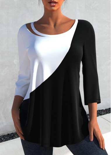 Black tops,Contrast Color tops,ROTITA Contrast 3/4 Sleeve Round Neck Black T Shirt