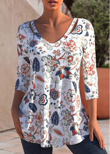 White tops,Tribal tops,ROTITA Tribal Print 3/4 Sleeve White T Shirt