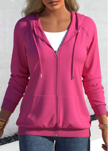 Hot Pink tops,Plain Color tops,ROTITA Rose Red Pocket Detail Drawstring Hoodie