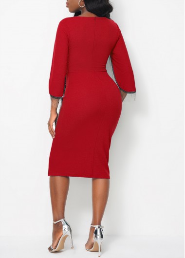 Red dresses,Plain Color dresses,Red Tassel 3/4 Sleeve Round Neck Dress