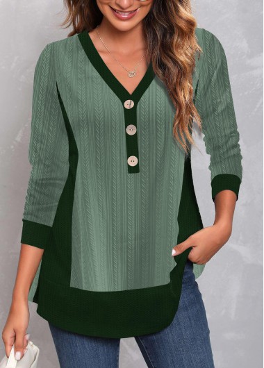 Green tops,Plain Color tops,ROTITA Long Sleeve Green V Neck T Shirt