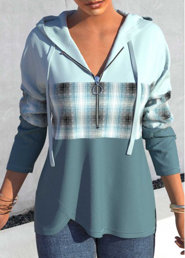Light Blue tops,Plaid tops,Geometric tops,ROTITA Striped Quarter Zip Drawstring Long Sleeve Hoodie