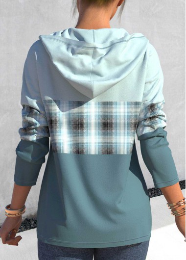 Light Blue tops,Plaid tops,Geometric tops,ROTITA Striped Quarter Zip Drawstring Long Sleeve Hoodie