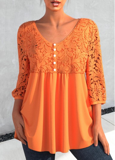 Orange tops,Plain Color tops,ROTITA Lace Stitching V Neck 3/4 Sleeve Orange Blouse