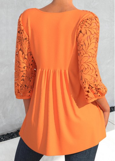 Orange tops,Plain Color tops,ROTITA Lace Stitching V Neck 3/4 Sleeve Orange Blouse