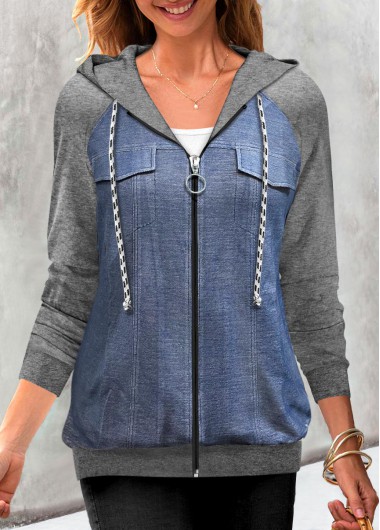 Grey tops,Plain Color tops,ROTITA Faux Denim Grey Decorative Pockets Hoodie