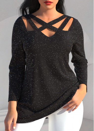 Black tops,Plain Color tops,ROTITA Black Long Sleeve Cross Strap T Shirt