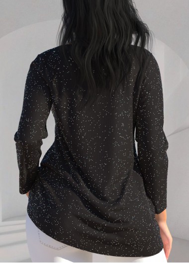 Black tops,Plain Color tops,ROTITA Black Long Sleeve Cross Strap T Shirt