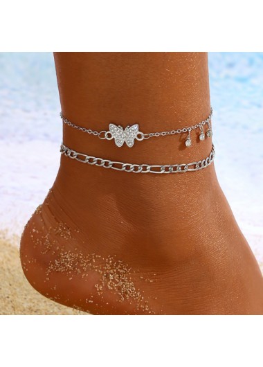 Silvery White jewelry,Silvery White Rhinestone Butterfly Anklet Set