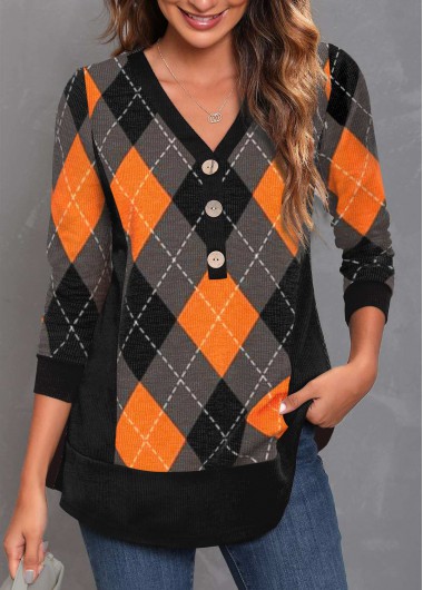 Black tops,Plaid tops,ROTITA Black Plaid Decorative Button Halloween V Neck T Shirt