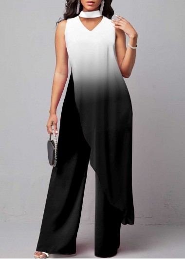 White jumpsuits & rompers,Ombre jumpsuits & rompers,ROTITA Ombre White Stand Collar Sleeveless Jumpsuit