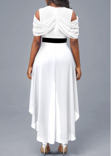 White jumpsuits & rompers,Plain Color jumpsuits & rompers,ROTITA Cold Shoulder V Neck White Jumpsuit