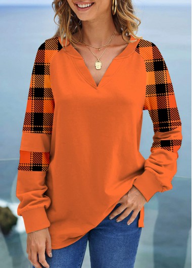 Orange tops,Plaid tops,Geometric tops,Striped tops,ROTITA Tartan Print Orange Long Sleeve Halloween Sweatshirt