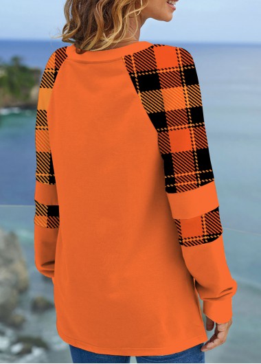 Orange tops,Plaid tops,Geometric tops,Striped tops,ROTITA Tartan Print Orange Long Sleeve Halloween Sweatshirt