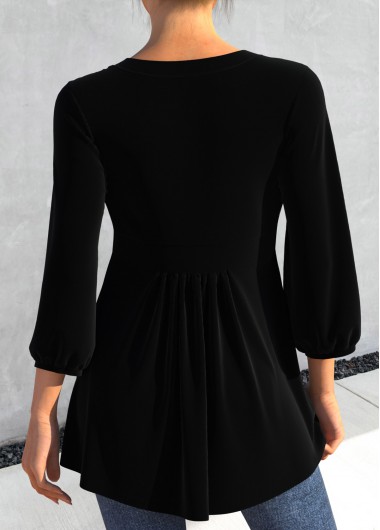 Black tops,Plain Color tops,ROTITA Sequin 3/4 Sleeve Black V Neck Blouse